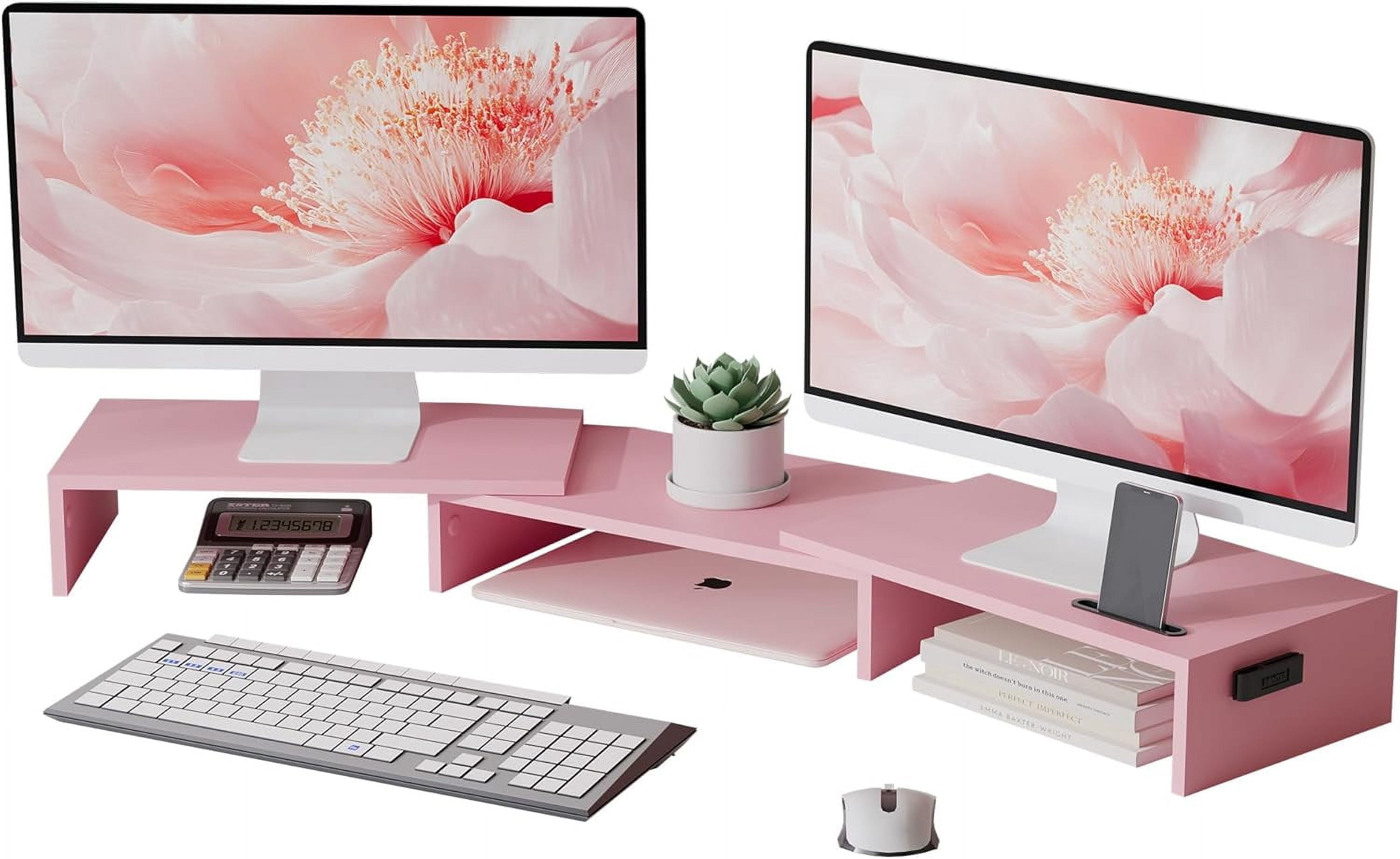 Dual Monitor Stand Riser with Smartphone Holder, Adjustable Length & Swivel Angle, Ergonomic Wooden Desktop Organizer for PC Monitor, Laptop, Printer, Large Storage, Pink