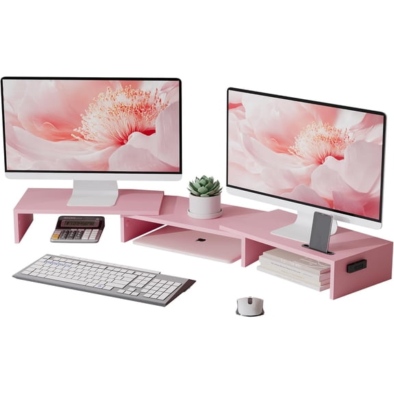 Dual Monitor Stand Riser with Smartphone Holder, Adjustable Length & Swivel Angle, Ergonomic Wooden Desktop Organizer for PC Monitor, Laptop, Printer, Large Storage, Pink