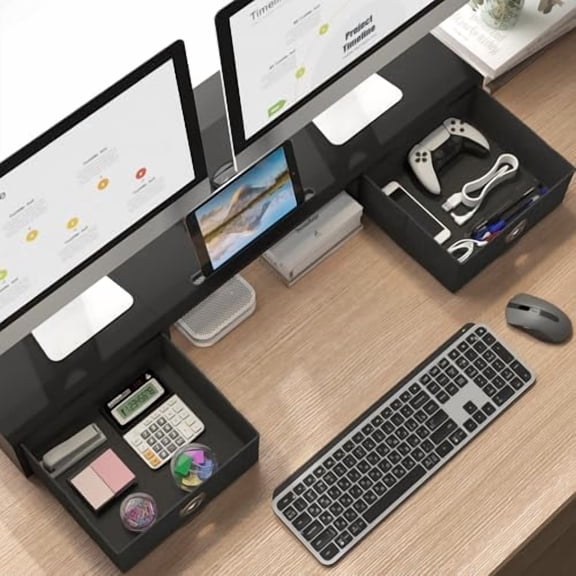 Dual Monitor Stand Riser with Two Drawers, Extra Large Storage Monitor Stand for 2 Monitors, Desktop Oraganizer Stand for Computer,Laptop,Screen,Printer,TV Black