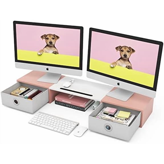 Dual Monitor Stand Riser with Two Drawers, Extra Large Storage Monitor Stand for 2 Monitors, Desktop Oraganizer Stand for Computer,Laptop,Screen,Printer,TV Pink