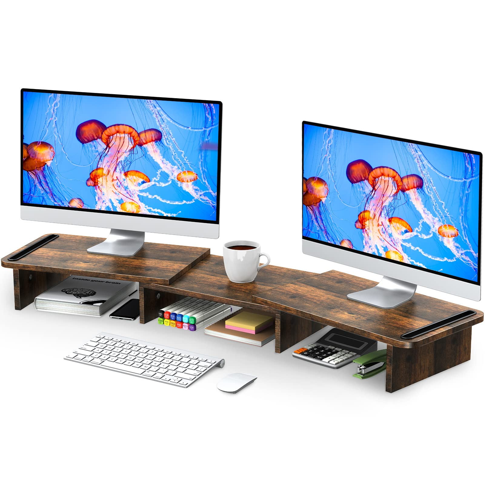 Dual Monitor Stand Riser  With Adjustable Length And Angle Wood For Desk 2 Monitors Storage Space(rust Brown Large)
