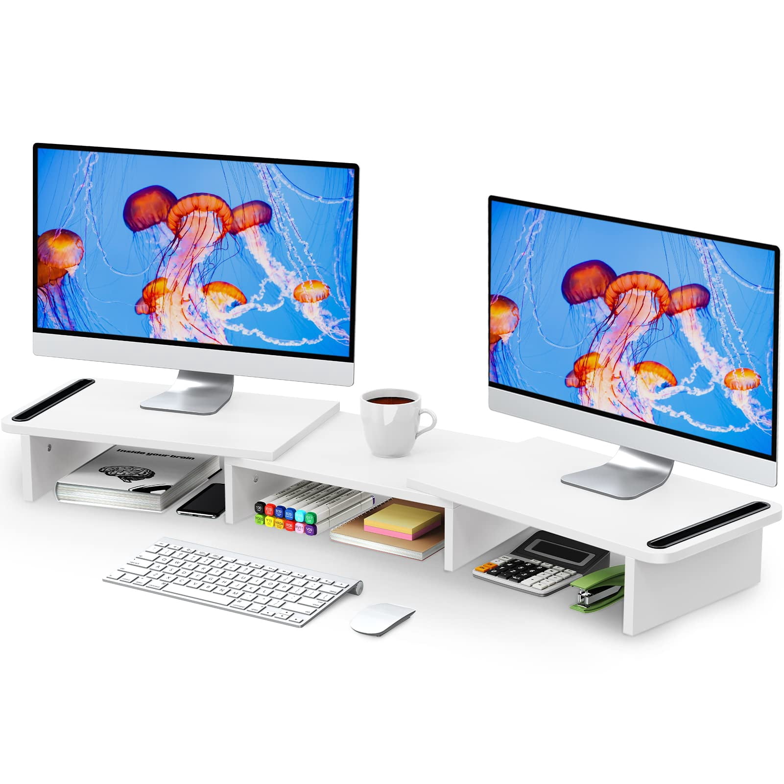 Dual Monitor Stand Riser  With Adjustable Length And Angle Wood For Desk 2 Monitors Storage Space