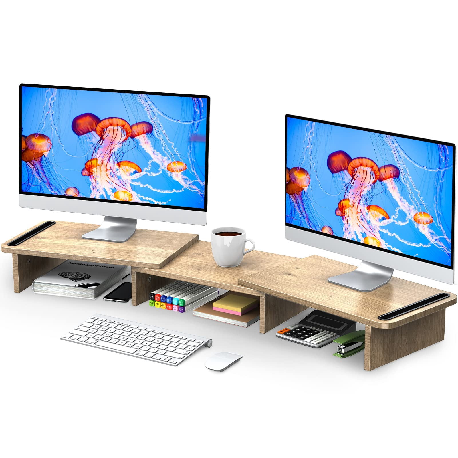 Dual Monitor Stand Riser  With Adjustable Length And Angle Wood For Desk 2 Monitors Storage Space