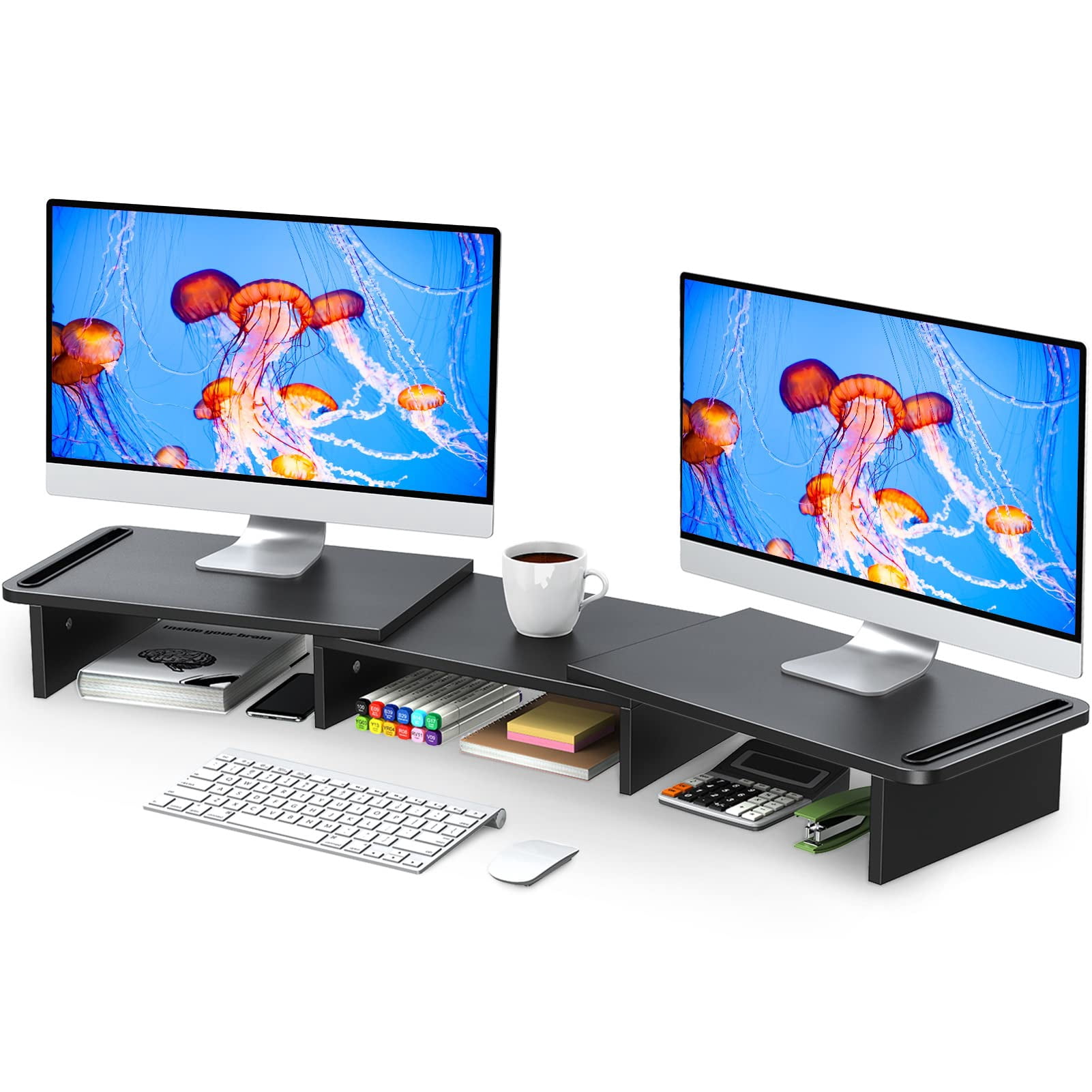 Dual Monitor Stand Riser  With Adjustable Length And Angle Wood For Desk 2 Monitors Storage Space