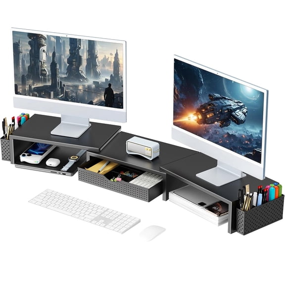 Dual Monitor Stand Riser With Drawer and 2 Pen Holders