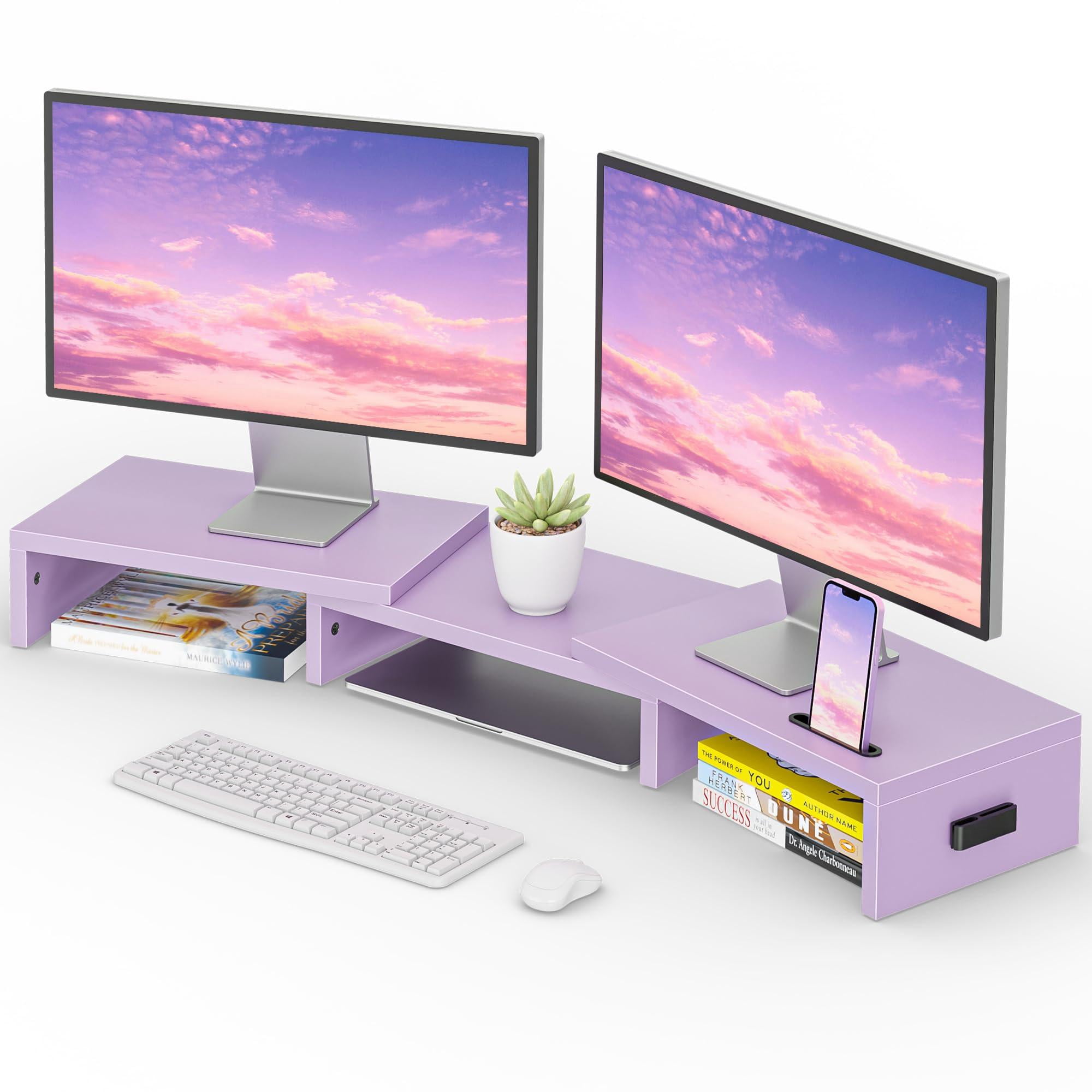 Dual Monitor Stand Riser With Smartphone Holder  Adjustable Length & Swivel Angle Wooden Desktop Organizer For Pc Laptop Printer Large Storage Purple