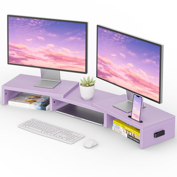 Dual Monitor Stand Riser With Smartphone Holder Adjustable Length & Swivel Angle Wooden Desktop Organizer For Pc Laptop Printer Large Storage Purple