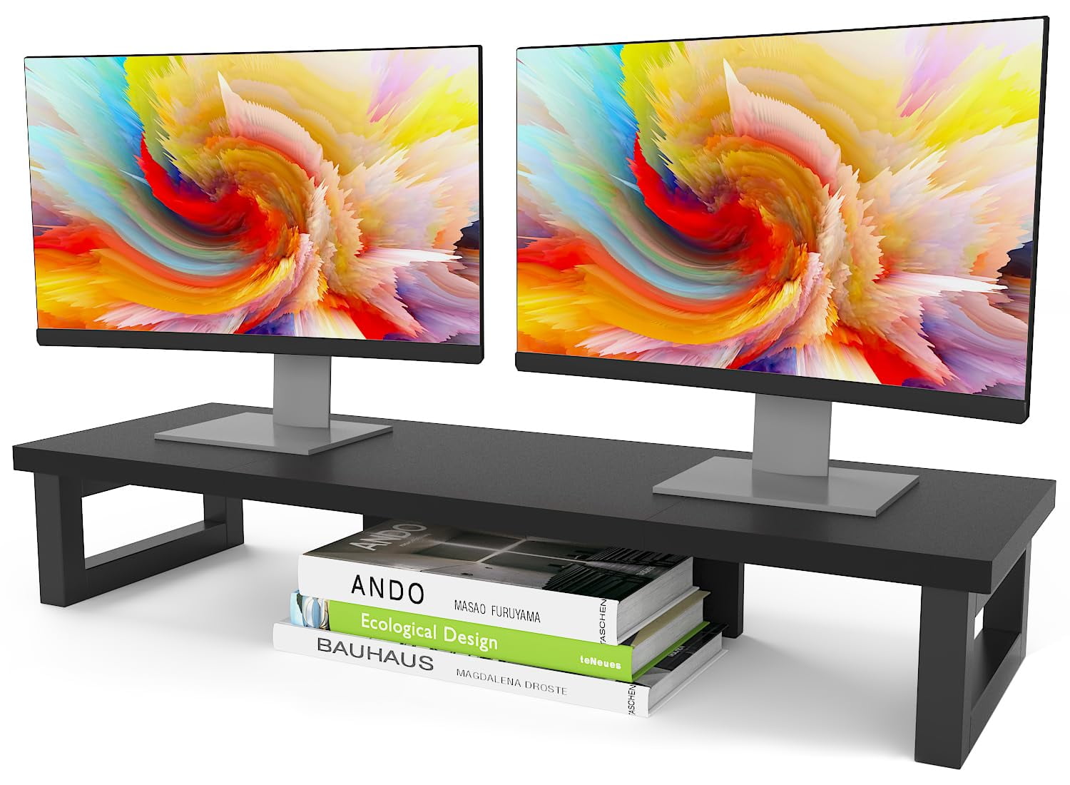 Dual Monitor Stand Riser  Wood And Steel Computer For 2 Monitors Multi-purpose Desktop Storage Laptop Printer Tv
