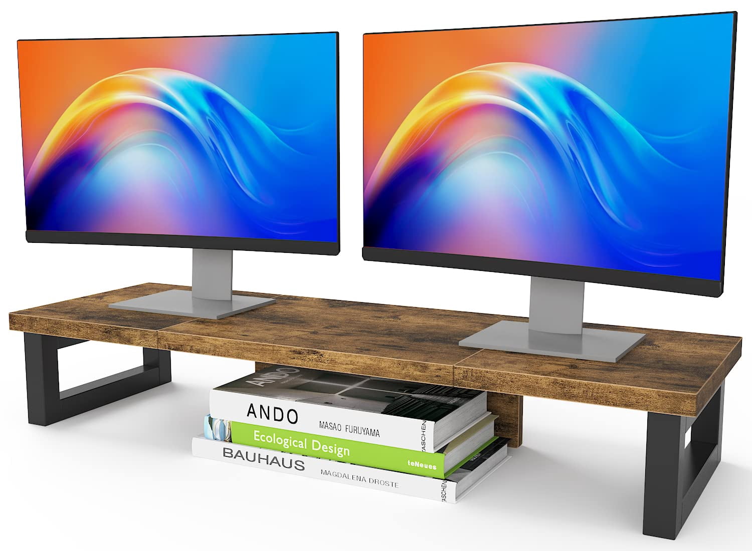 Dual Monitor Stand Riser  Wood And Steel Computer For 2 Monitors Multi-purpose Desktop Storage Laptop Printer Tv