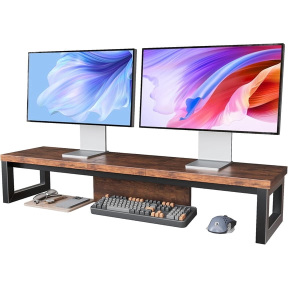 Dual Monitor Stand Riser, Wood and Steel Monitor Riser, Long Computer Monitor Stands for 2 Monitors, Desk Shelf for Computer, Laptop, Printer, TV, Brown