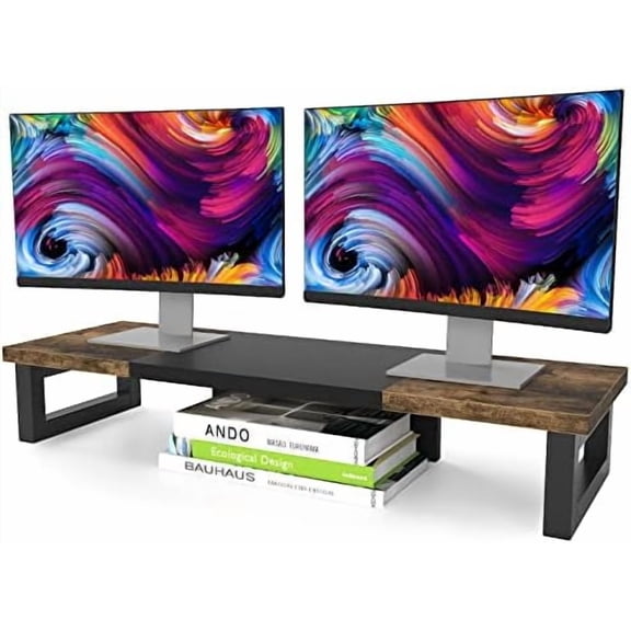 Dual Monitor Stand Riser, Wood and Steel Multi-Purpose Desktop Storage Stand for 2 Monitors for Computer, Laptop, Printer, TV, Rustic Brown