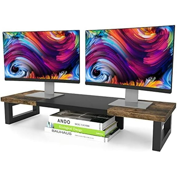 Dual Monitor Stand Riser, Wood and Steel Multi-Purpose Desktop Storage Stand for 2 Monitors for Computer, Laptop, Printer, TV, Rustic Brown