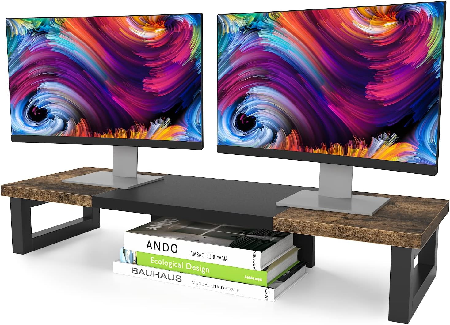 Dual Monitor Stand Riser, Wood and Steel Multi-Purpose Desktop Storage Stand for 2 Monitors
