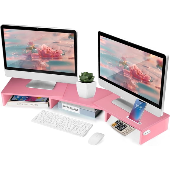 Dual Monitor Stand Riser for 2 Monitors, Desk, Adjustable Length & Swivel Angle Wooden Desktop Organizer with Smartphone Holder PC Laptop, Pink