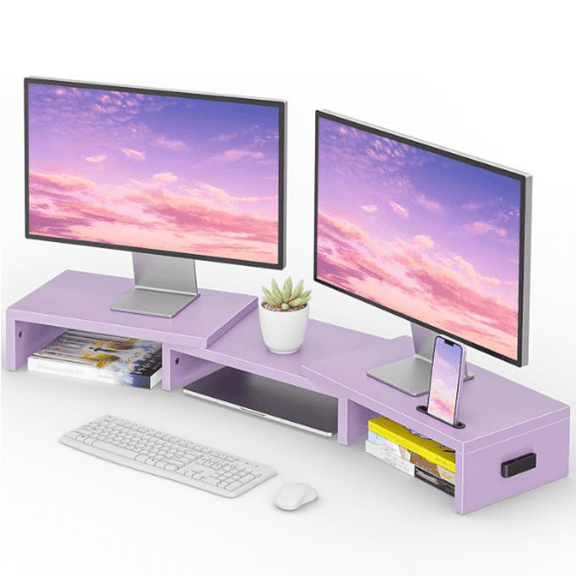 Dual Monitor Stand Riser with phone Holder, Adjustable Length & Swivel Angle, Wooden Desktop Organizer for Monitor, Laptop, Printer, Large Storage, Purple