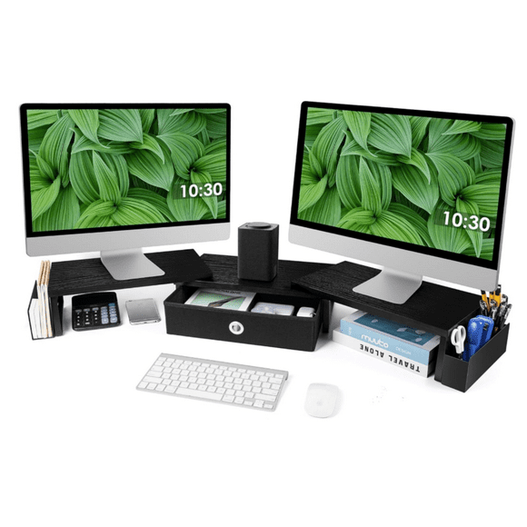 Dual Monitor Stand Riser w/ Drawer & Metal Leg, Large Computer Monitor Riser w/ Storage For 2 Monitors, Desk Shelf For Monitor w/ Adjustable Length & Angle, Desktop Organizer For Laptop/TV/Printer
