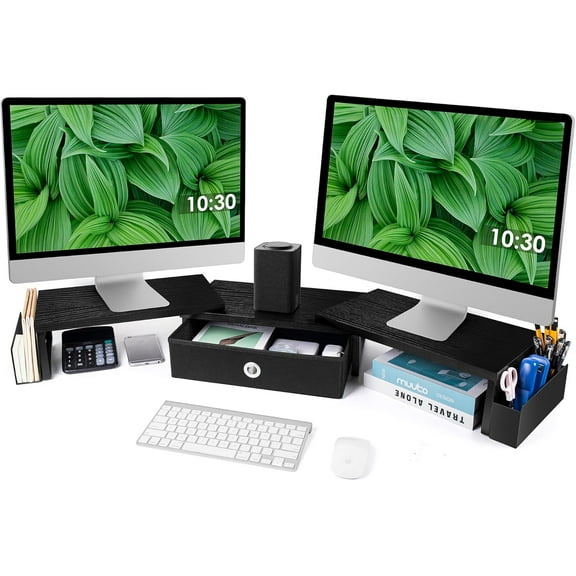 Dual Monitor Stand Riser w/ Drawer & Metal Leg, Large Computer Monitor Riser w/ Storage For 2 Monitors, Desk Shelf For Monitor w/ Adjustable Length & Angle, Desktop Organizer For Laptop/TV/Printer