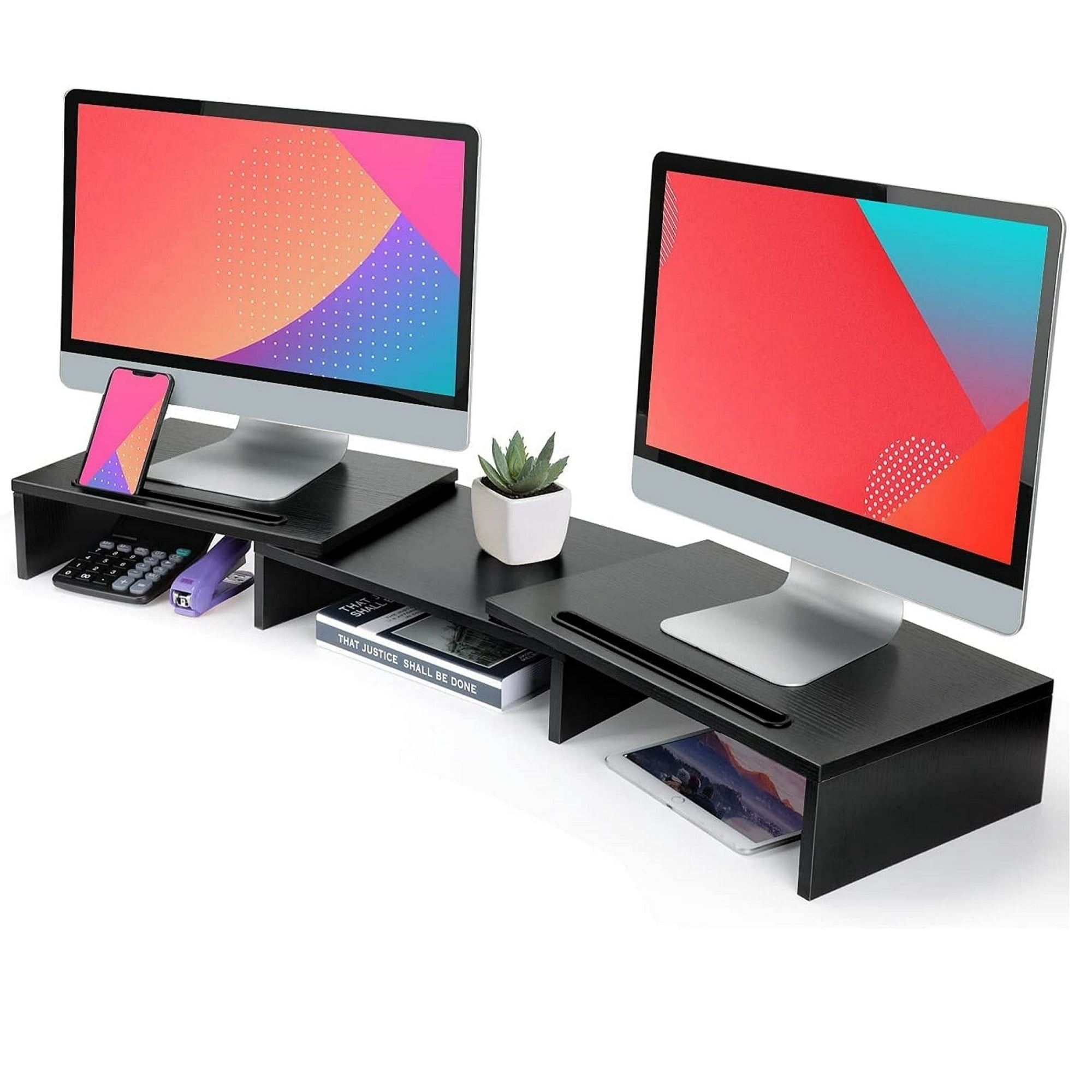 Dual monitor stand riser with adjustable length and angle for an ergonomic AP workspace
