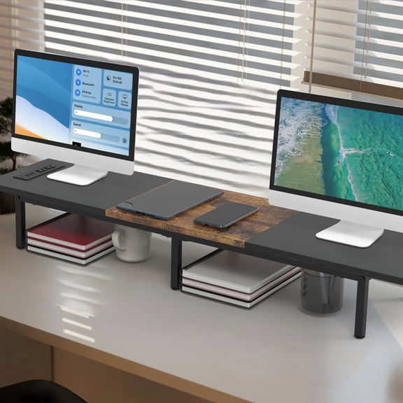 Dual Monitor Stand Riser with Charging Station, 37.55 Inch Wide Monitor Shelf with USB Ports for Computer, TV, Laptop