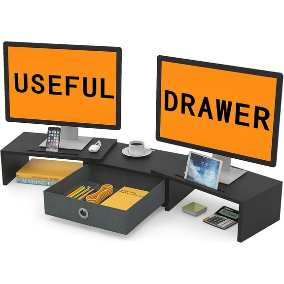 Dual Monitor Stand Riser with Drawer - 3 Shelf Screen Laptop Stands, 2 Phone Hold, Monitor Riser for Printer, PC, TV, Monitor Stands for 2 Monitors