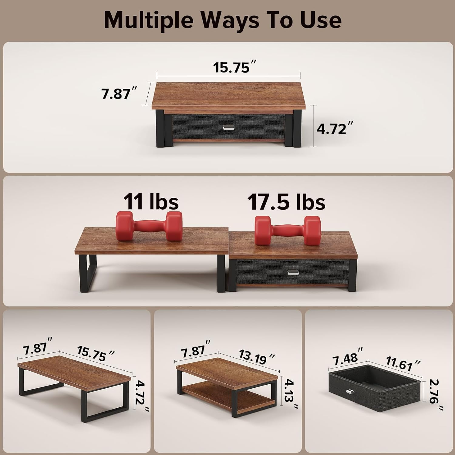 Dual Monitor Stand Riser with Drawer - Ergonomic Desktop Organizer for 2 Monitors, Computer Laptop Storage Shelf, Walnut Finish