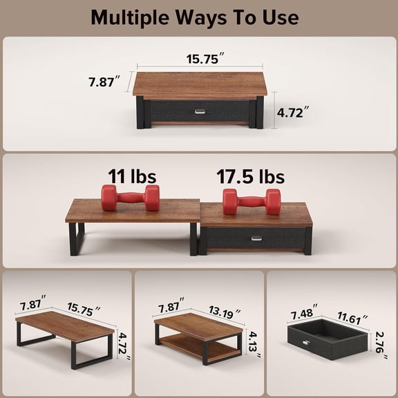 Dual Monitor Stand Riser with Drawer - Ergonomic Desktop Organizer for 2 Monitors, Computer Laptop Storage Shelf, Walnut Finish