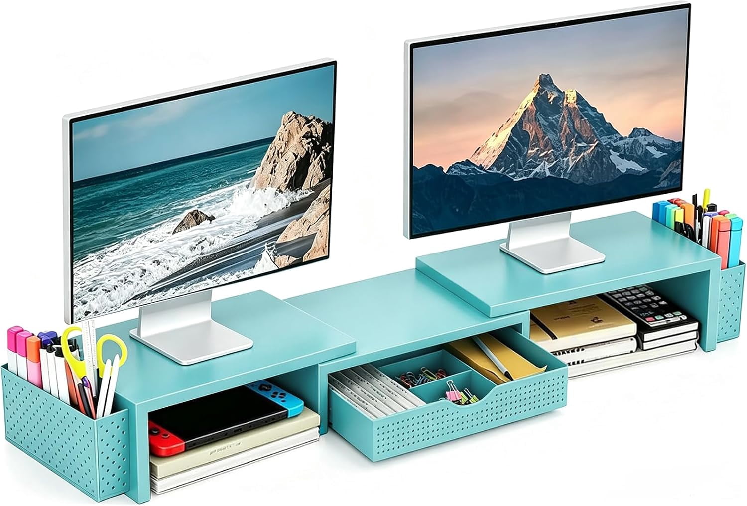 Dual Monitor Stand Riser with Drawer and 2 Pen Holders | Monitor Stand ...