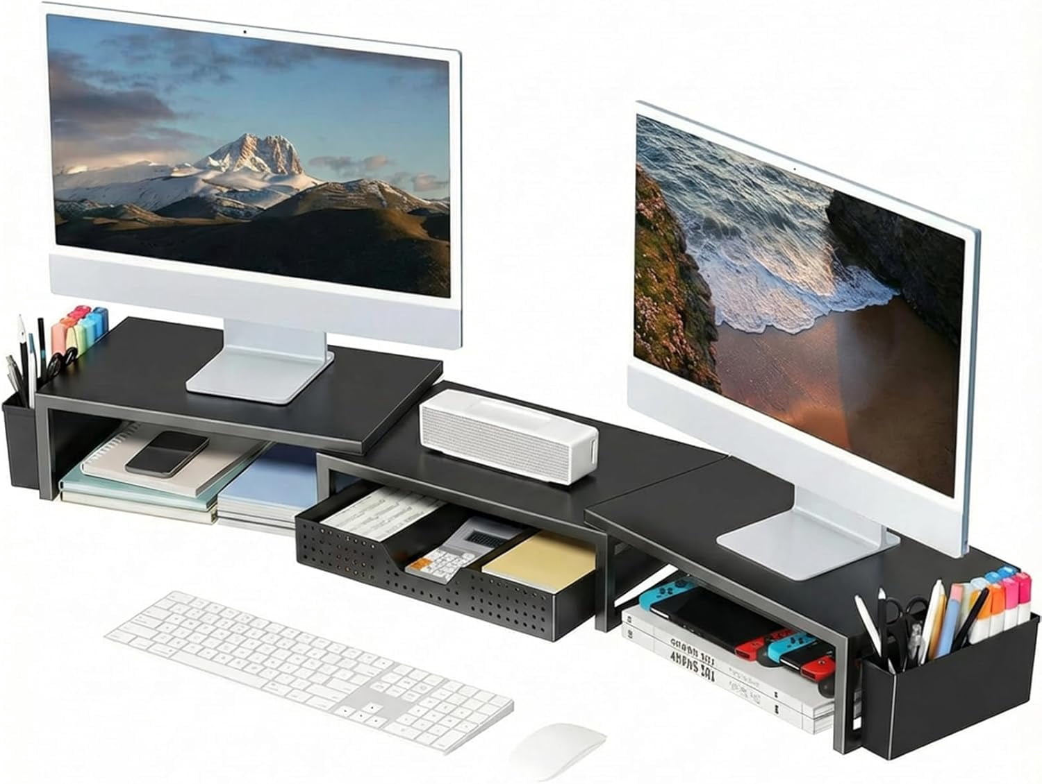 Dual Monitor Stand Riser with Drawer and Pen Holders, Metal Desk Shelf Organizer for Office Workspace, Green Desktop Storage