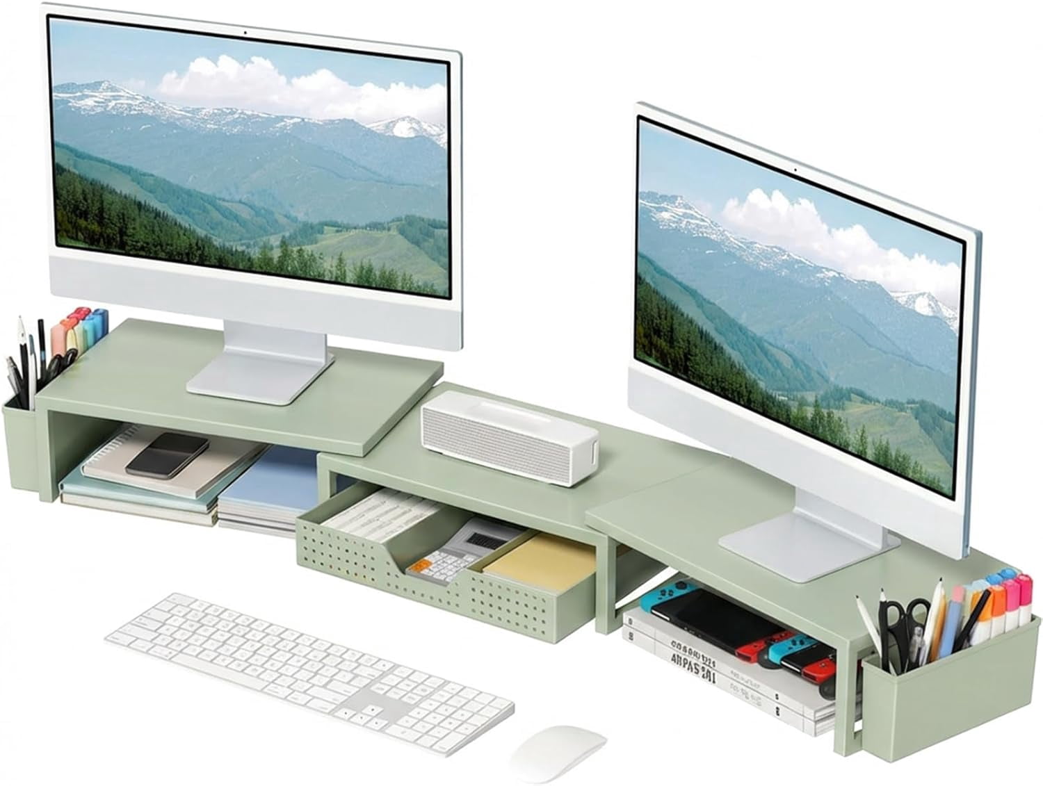 Dual Monitor Stand Riser with Drawer and Pen Holders, Metal Desk Shelf Organizer for Office Workspace, Green Desktop Storage
