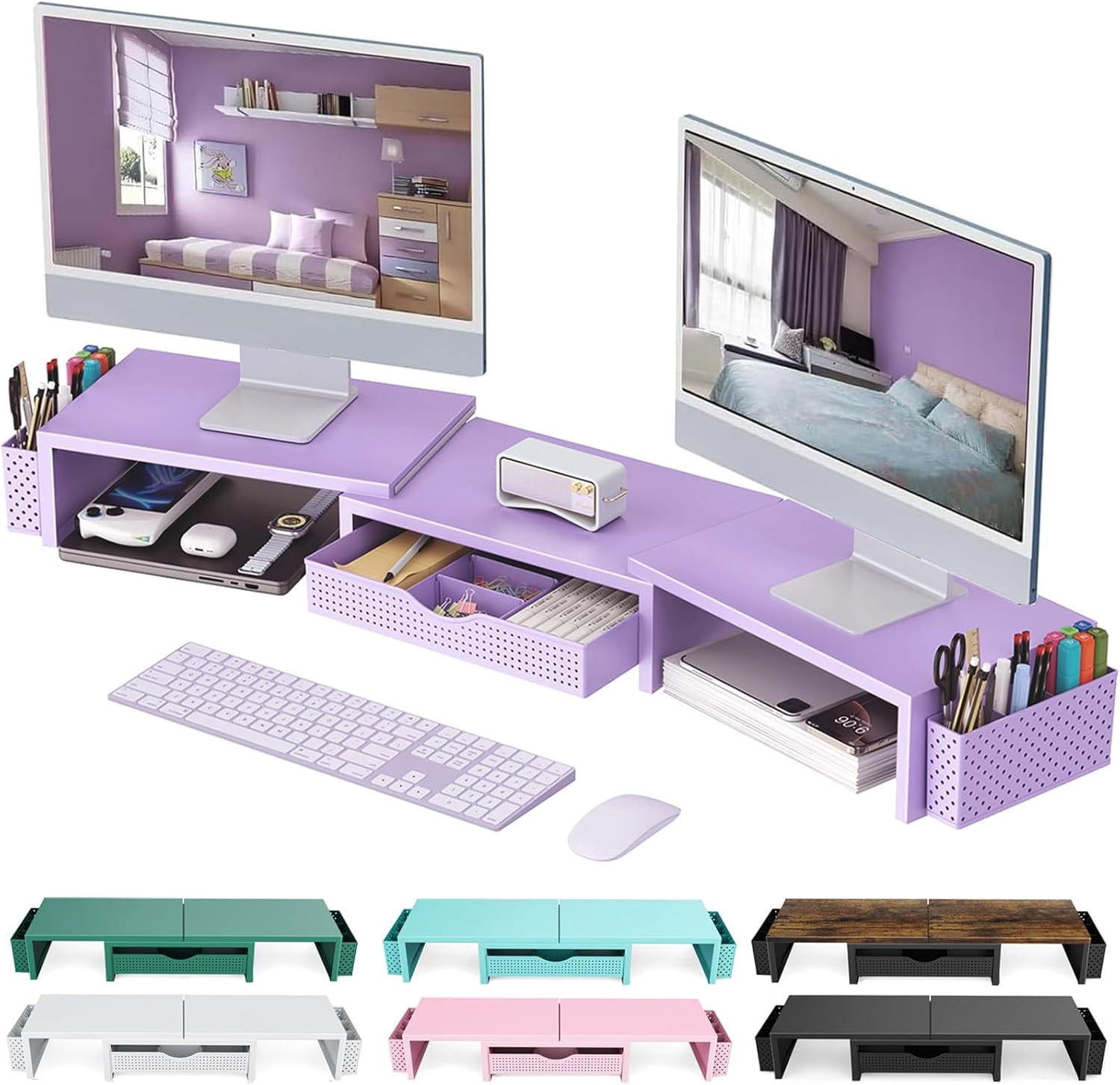 Dual Monitor Stand Riser with Drawer and Pen Holders, White Desk Organizer