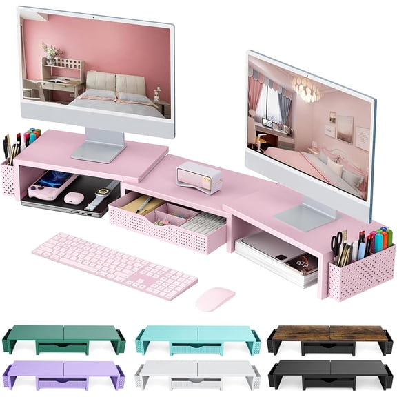 Dual Monitor Stand Riser with Drawer and Pen Holders, White Desk Organizer