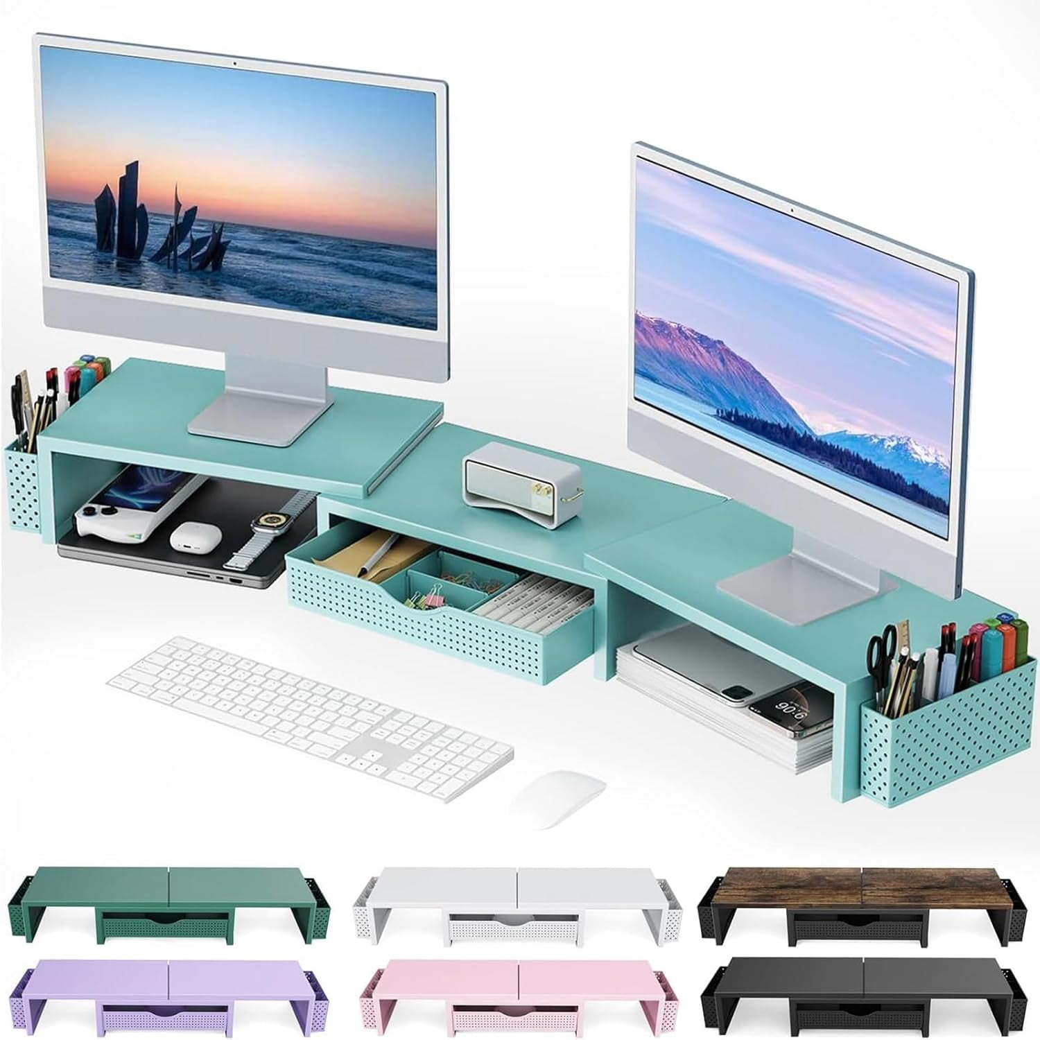 Dual Monitor Stand Riser with Drawer and Pen Holders, Wooden Desk Shelf Organizer for Computer Monitor