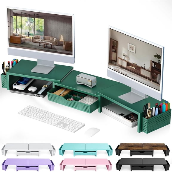 Dual Monitor Stand Riser with Drawer and Pen Holders, Wooden Desk Shelf Organizer for Computer Monitor