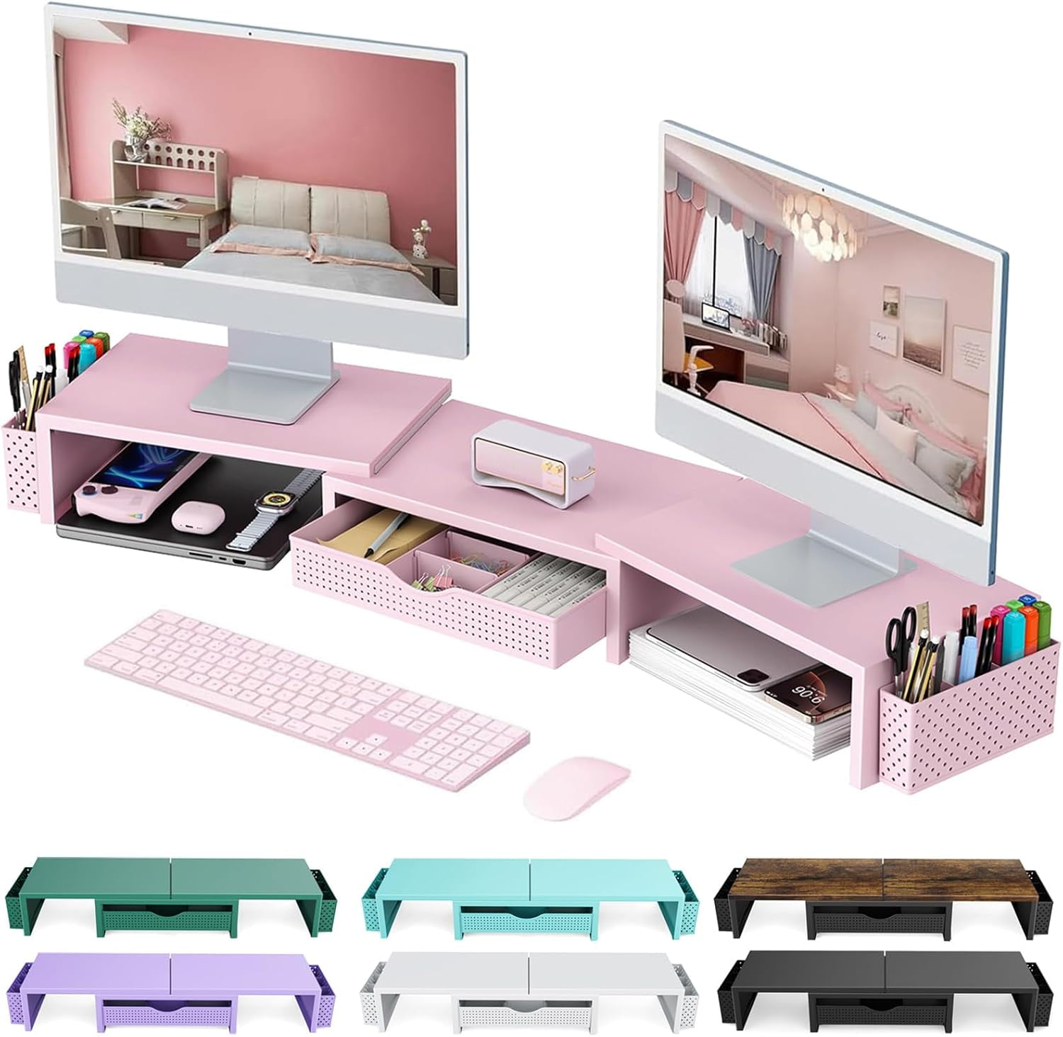 Dual Monitor Stand Riser with Drawer and Pen Holders, Wooden Desk Shelf Organizer for Computer Monitor