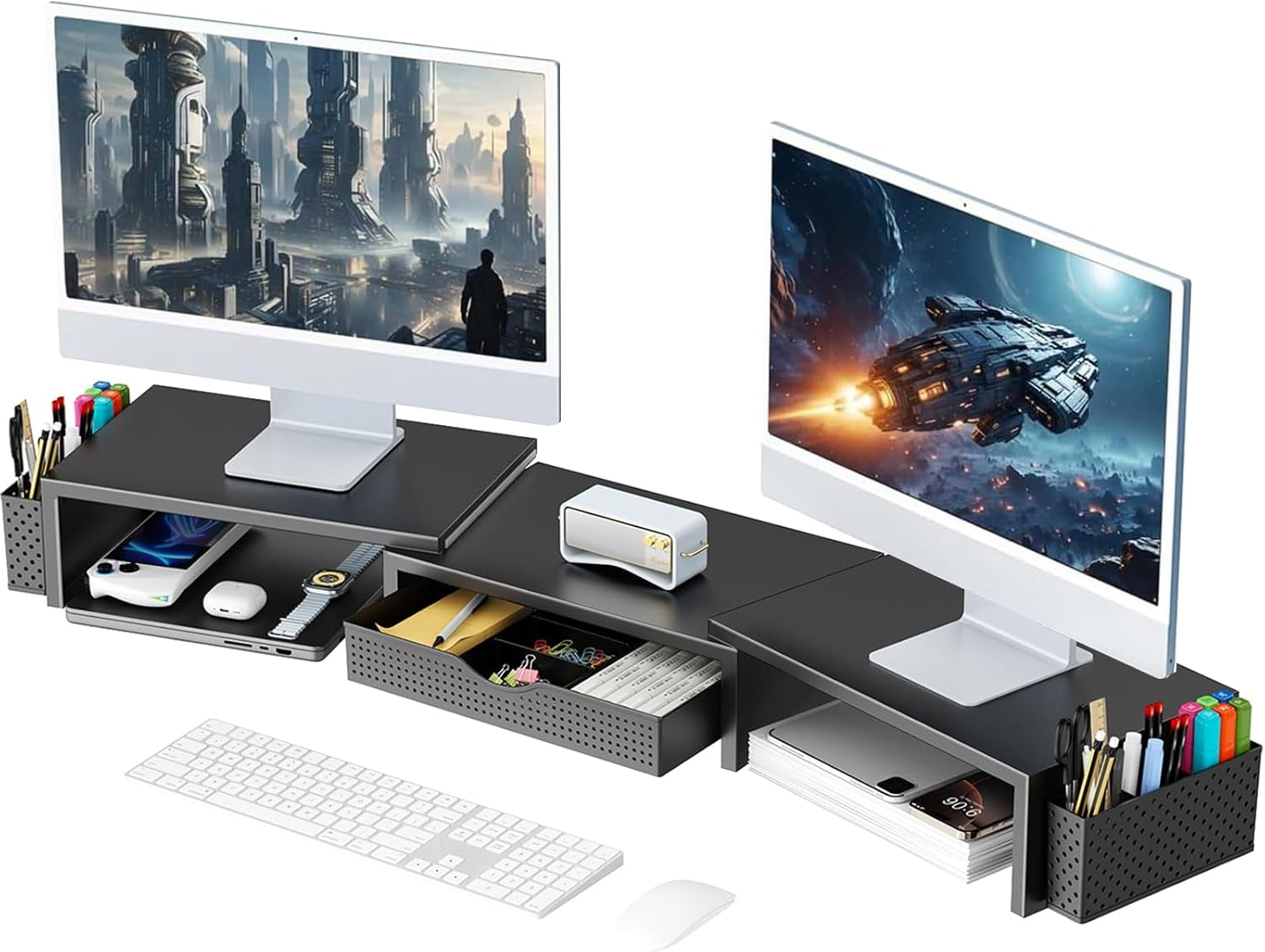 Dual Monitor Stand Riser with Drawer and Pen Holders, Wooden Desk Shelf Organizer for Computer Monitor
