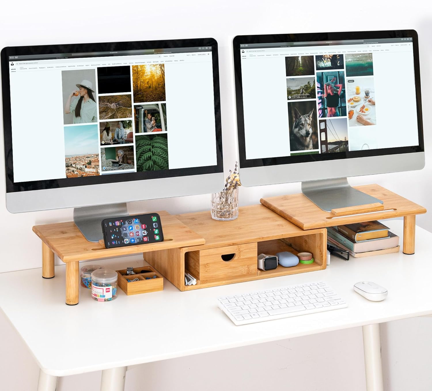Dual Monitor Stand Riser with Drawer for Desk Laptop Shelf Adjustable Length Angle  Computer Stand for 2 or 3 Monitors Screen PC TV Natural