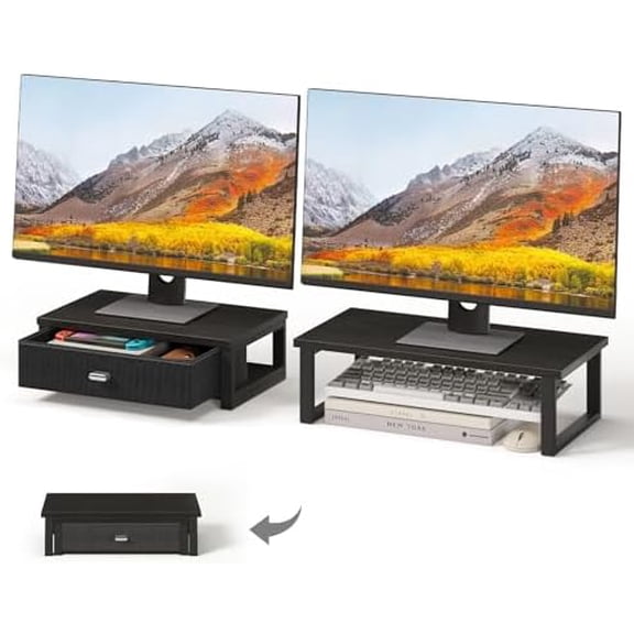 Dual Monitor Stand Riser with Drawers, Wood Desk Organizers for 2 Monitors, Desktop Storage Stand for Computer, Laptop, Black