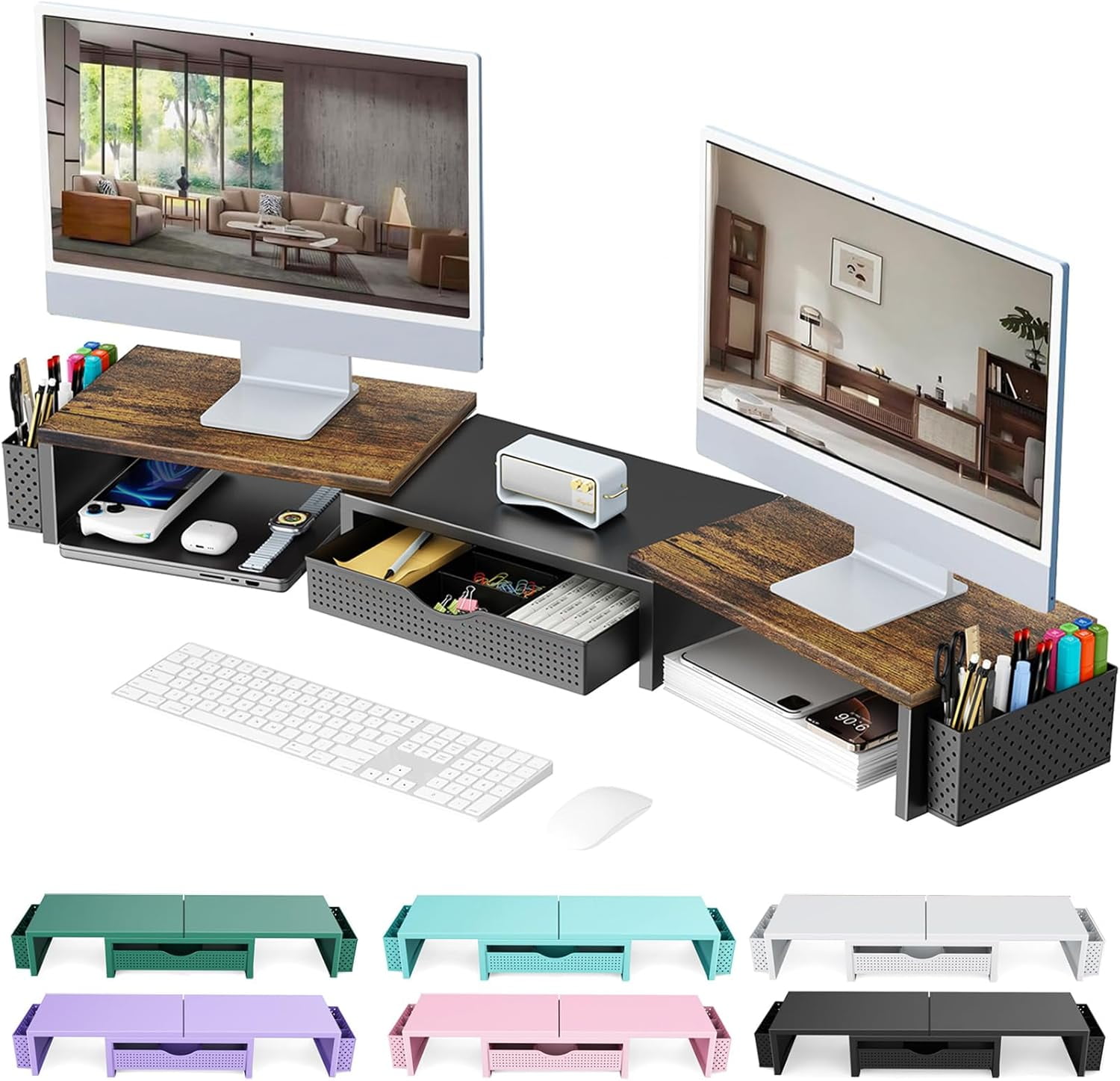 Dual Monitor Stand Riser with Organizer Drawer and Pen Holders, Purple Office Desk Accessory