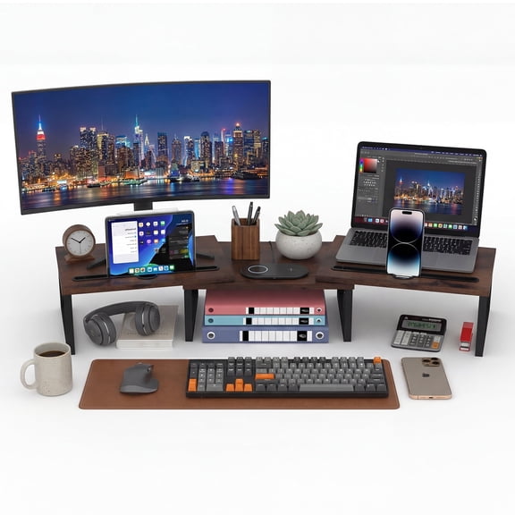 Dual Monitor Stand Riser with Pen Slot - Adjustable Length & Angle, Brown Desk Organizer for Computer Screens