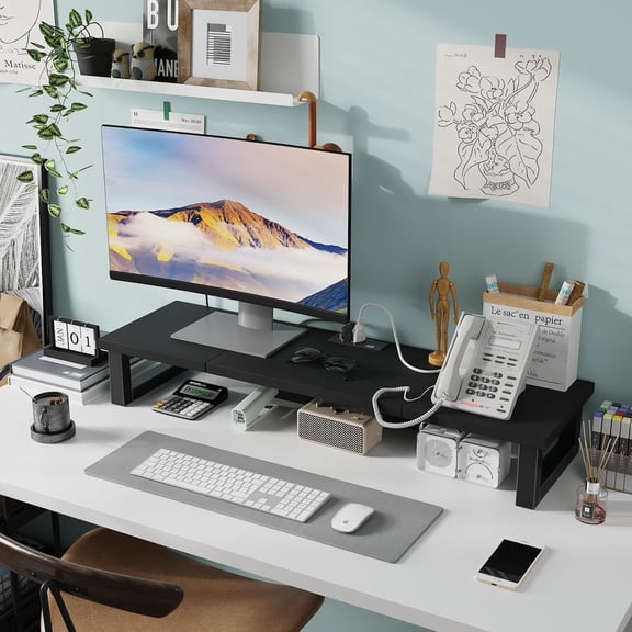 Dual Monitor Stand Riser with Power Outlet for 1-2 Monitors, Heavy Duty Desktop Organizer for Laptop Printer TV