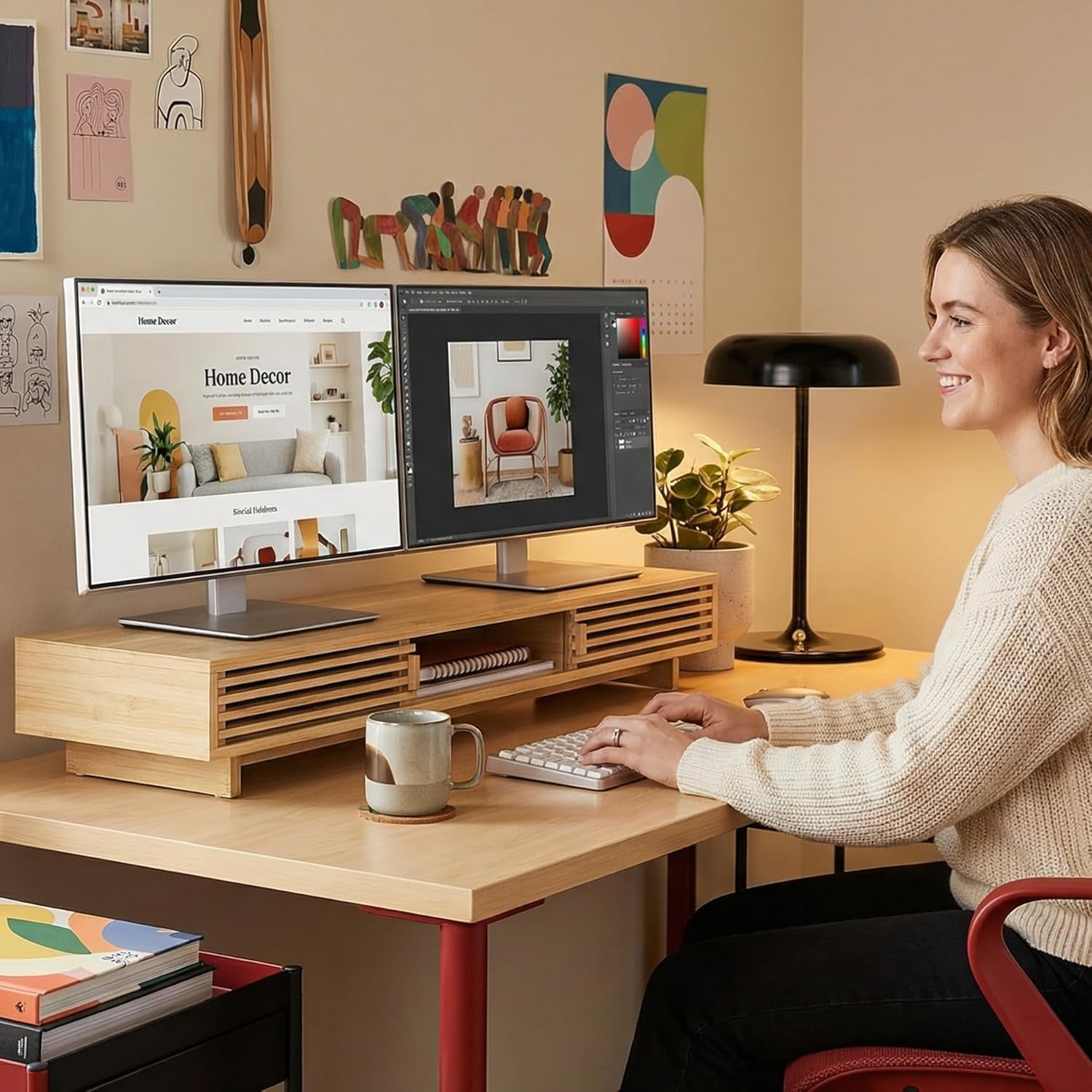 Dual Monitor Stand Riser with Sliding Door, Double Computer Laptop Desk Shelf Organizer Storage Natural  38 Inch