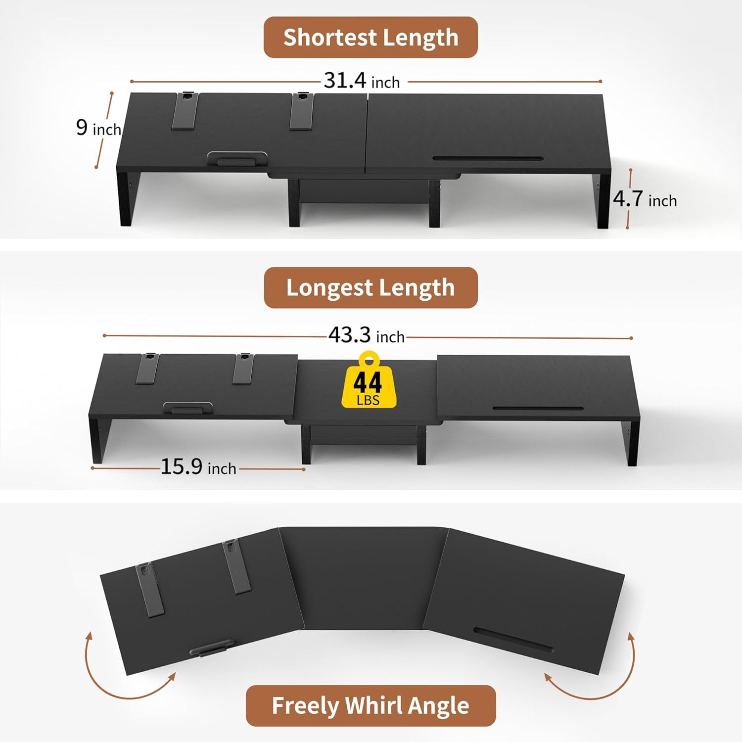Dual Monitor Stand Riser with Storage Drawer - Adjustable Computer Monitor Desk Organizer for Office Home, Black
