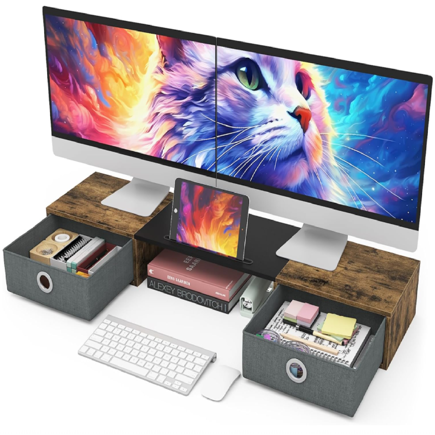 Extra Wide Computer Monitor Dual Monitor Stand Riser with Two Drawers, Extra Large Storage for 2 ...