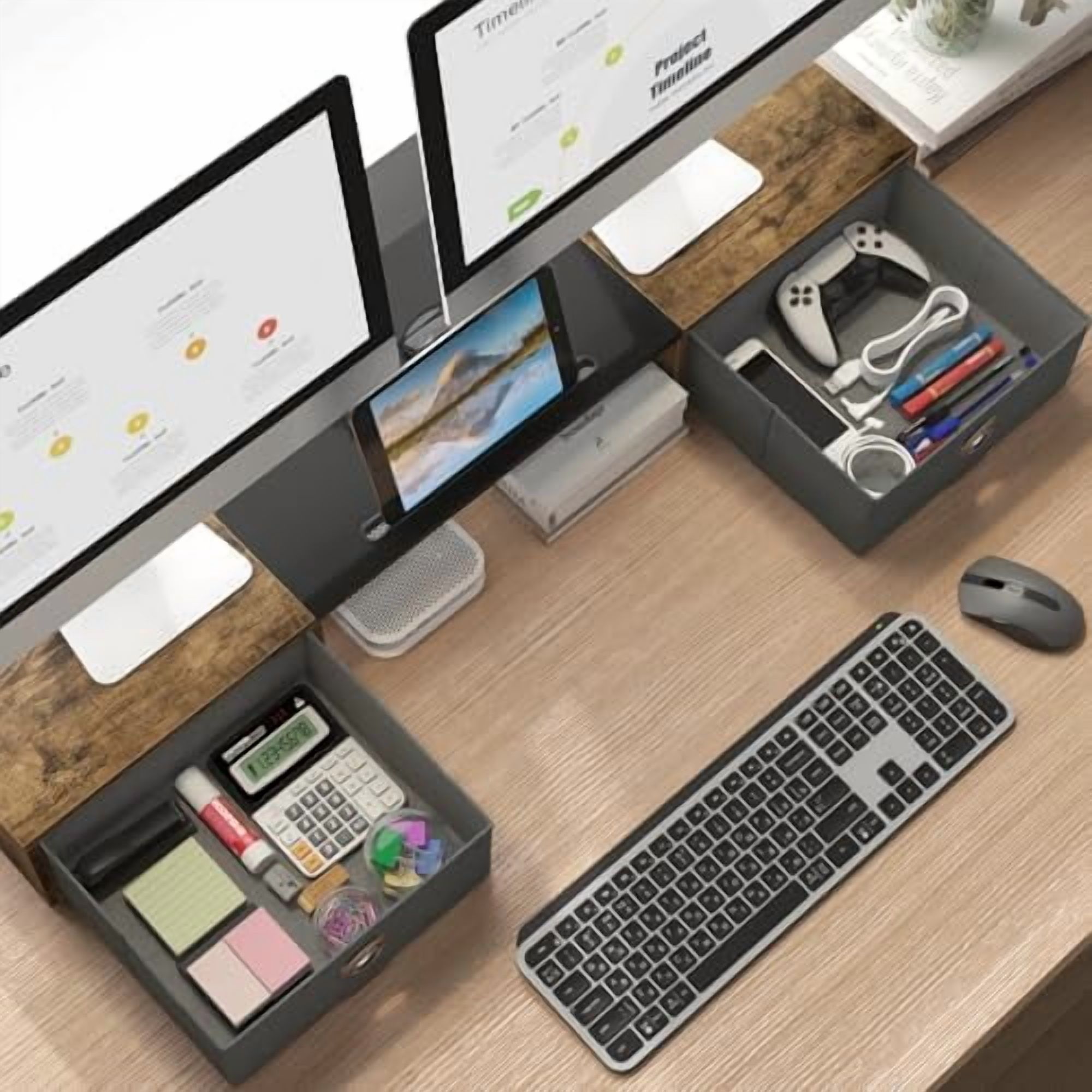 Dual Monitor Stand Riser with Two Drawers, Extra Large Storage for 2 ...