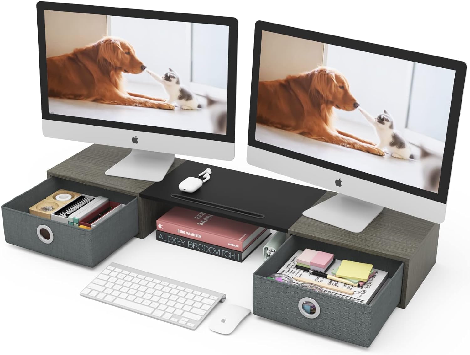Dual Monitor Stand Riser with Two Drawers, Extra Large Storage for 2 ...