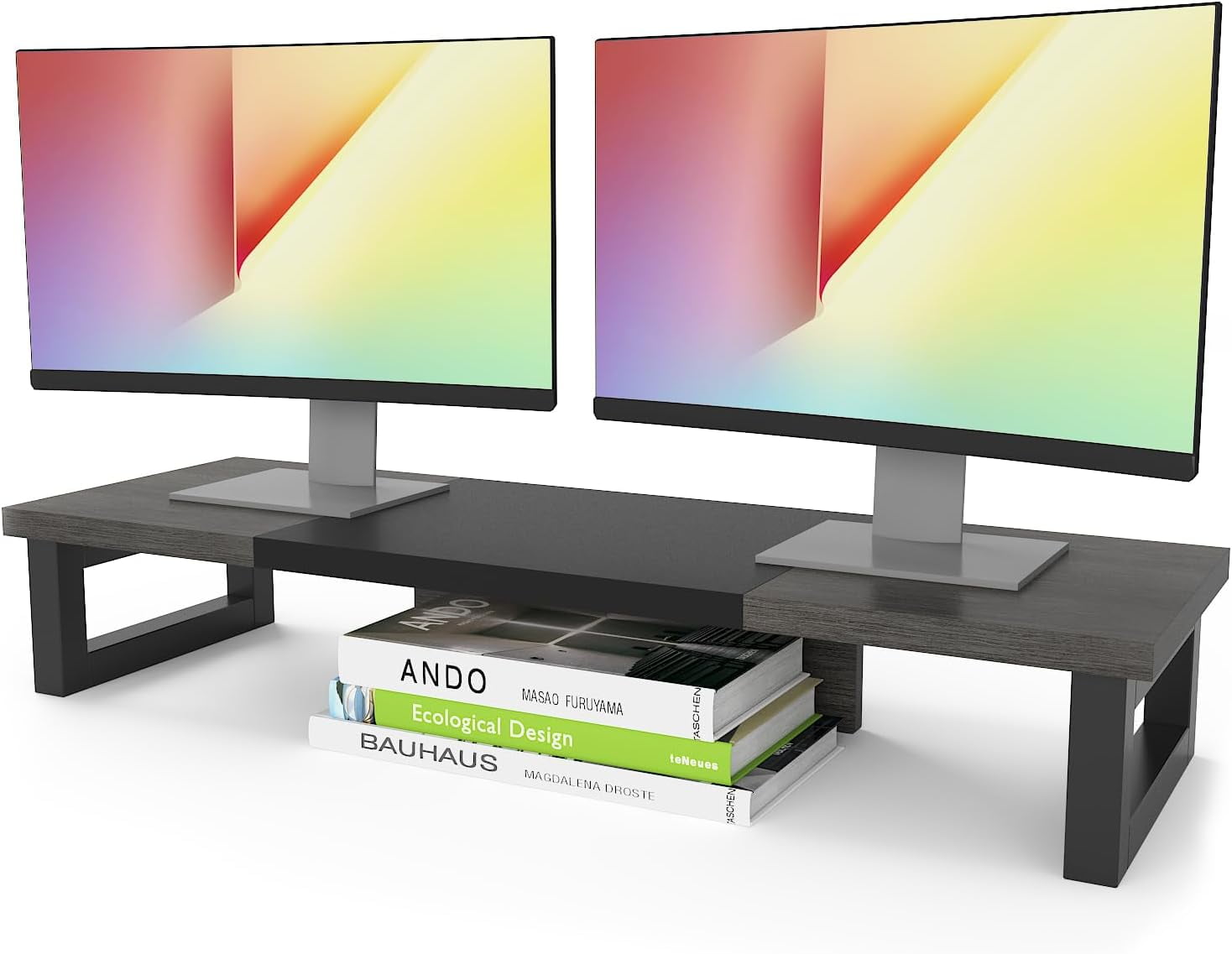 Dual Monitor Stand Riser with Wood and Steel, Multi-Purpose Desktop Storage Stand for Computer, Laptop, Printer, and TV