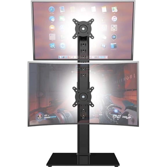 Dual Monitor Stand - Vertical Stack Screen Free-Standing Riser Fits Two 13 to 34 Inch with Swivel, Tilt, Height Adjustable, Holds One (1) Up 44Lbs