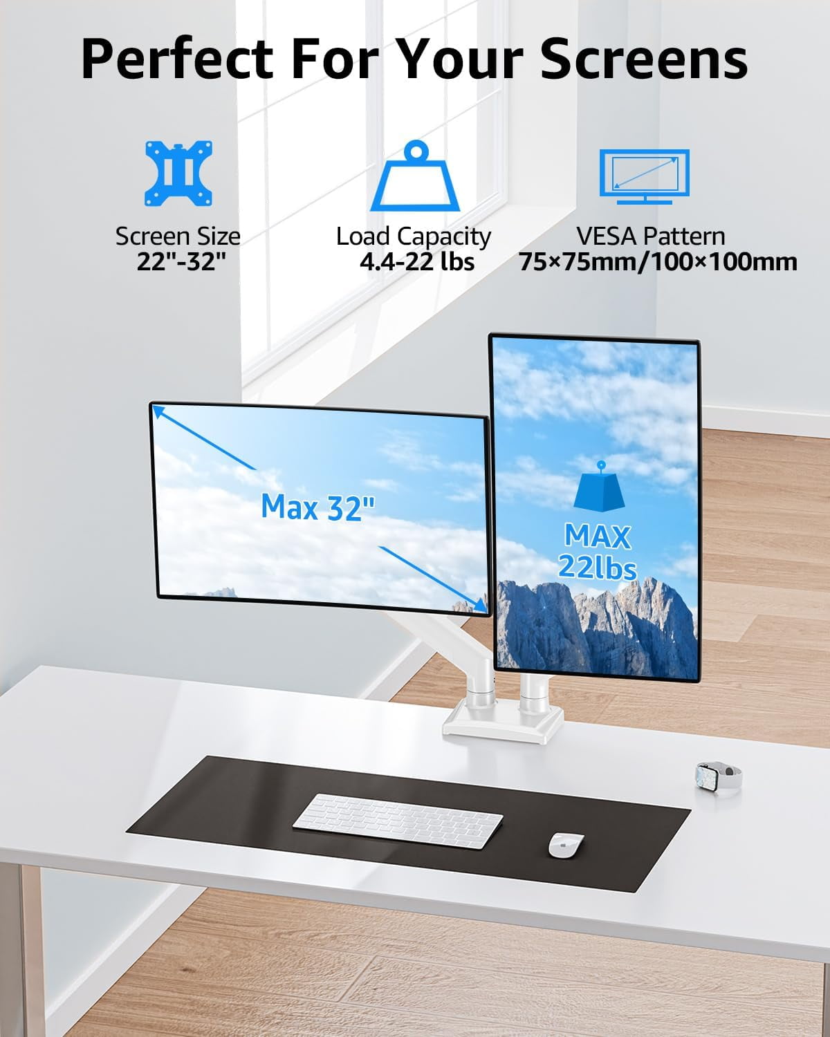 Dual Monitor Stand fits  to 32 inch, 4.4-22 lbs Computer Screens, Dual Monitor Desk Mount Height Adjustable, Monitor Arms for 2 Monitors, Home Office VESA Mounts, Freelift White