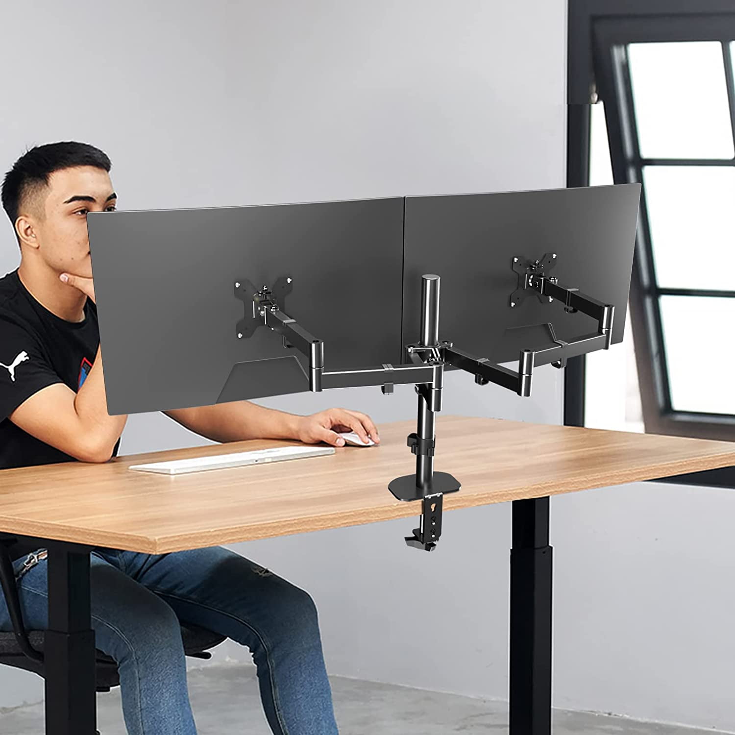 Dual Monitor Stand for 13-32inch Screen,  Long Monitor Arm Desk Mount, Fully Adjustable 27.95 inch Monitor Arm, Each Arm  to 22lbs