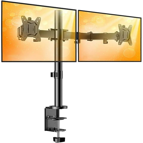 Dual Monitor Stand for 13 to 32 Inch Screens, Desk Mount with C-Clamp, Each Arm Holds 17.6 lbs, Double Monitor Mount Full Motion Adjustability for Height, Swivel, Tilt, and Rotation, Max 100x100mm